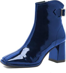 Женские модные ботильоны XYD из лаковой кожи с закрытым квадратным носком, декоративной пряжкой, высоким массивным каблуком, средней длины, с боковой молнией, для вечеринок и клубов, Navy