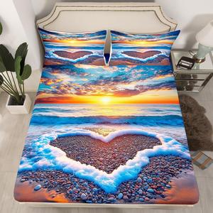Erosebridal Комплект постельного белья Sunset Love Heart Ocean Wave с морской тематикой, Yellow Orange Blue