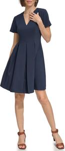 Женское мини-платье Tommy Hilfiger с короткими рукавами, V-образным вырезом и плиссированной юбкой, облегающее и расклешенное, Sky Captain