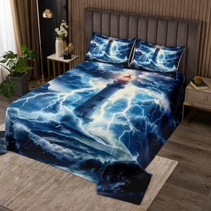 Erosebridal Комплект постельного белья Coastal Lighthouse с морским принтом и стеганым узором волн, Blue White