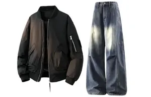 Повседневный спортивный костюм Unisex с воротником стойкой утепленный X1617, top черный puffer jacket+темно-синий fleece-lined pants