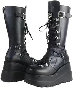 Женские ботильоны UOQAPRE с высокой платформой, средние по голени, на толстой подошве, в готическом стиле, с каблуком, молнией сбоку, круглым носком и панковскими элементами, для женщин, F-Black