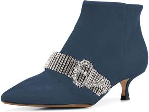 Женские ботильоны XYD с низким каблуком, ремешком с кристальной пряжкой, заостренным носком и молнией, короткие ботинки для вечеринок, Navy