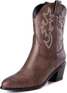 Женские ботинки выше щиколотки Alsoloveu в ковбойском стиле с вышивкой, западного типа, с заостренным носком и средним каблуком, Dark Brown