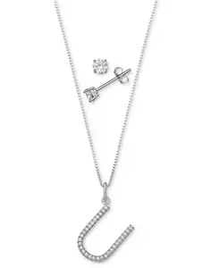 Комплект из двух кулонов с инициалами из кубического циркония и серег-гвоздиков с солитером из стерлингового серебра, созданный для Macy's. Giani Bernini, u