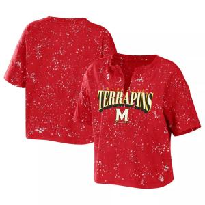 Женская одежда Erin Andrews Красная футболка Maryland Terrapins Bleach Wash Splatter Notch Neck