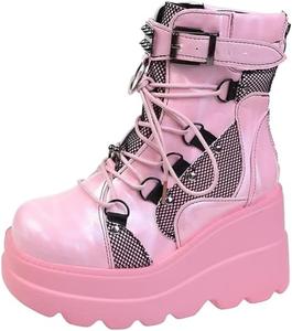 Женские ботильоны на танкетке с шнуровкой, ремешком на щиколотке, повседневные, средние по голени, боевые, готические зимние ботинки Jefuzh, Pink