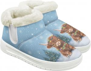 Меховые ботинки для женщин зимние снежные ботинки с теплой флисовой подкладкой, на мягкой подошве, удобные, без застежки, противоскользящие Cugasmaru, Cow Christmas Light