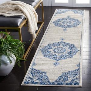 Ковер-дорожка SAFAVIEH, 61 x 244 см, Brentwood Collection - Ivory & Navy, медальонный дистресс-дизайн, без линьки и простой в уходе, идеален для помещений с высокой проходимостью в гостиной, спальне (BNT802D)