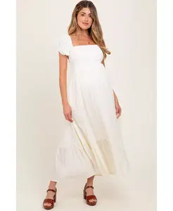 Ажурное платье макси для беременных с квадратным вырезом и отделкой воланами цвета айвори Pinkblush, слоновая кость/кремовый