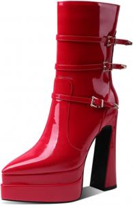 Женские модные ботильоны sarawill на высоком массивном каблуке с двойной платформой, из лакированной кожи, с заостренным носком, ремешком с пряжкой и боковой молнией для женщин, Red Patent