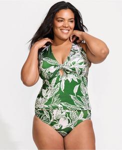 Комплект купальника для женщин больших размеров Shine: ребристый топ-танкини и плавки с высокой талией Lands' End, Green etched leaves shine
