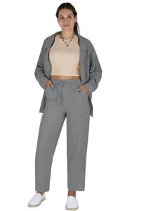 Женская муслиновая блузка-рубашка с длинными брюками светло-серого цвета Janice