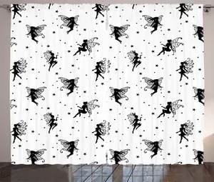 Штора ABAKUHAUS "Сказочная сказка" в деревенском стиле, крылатые феи и звезды, универсальные ленточные шторы для гостиной с петлями и крючками, 280 x 225 см, белый с темно-серым Abakuhaus