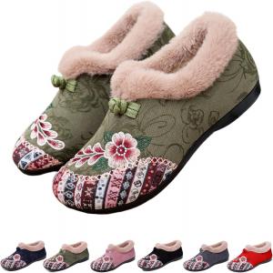 Женские зимние туфли с теплой цветочной вышивкой, легкие противоскользящие Generic, Green