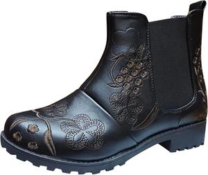 Женские ботильоны Челси с вышивкой в ретро-стиле, цветочный узор, массивный каблук, нескользящая подошва, круглый носок, удобные короткие ботинки на каждый день Dsisskai, Black