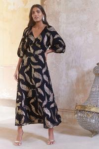 Платье миди с рукавами фонариками из жаккарда с перьями Love & Roses, черный