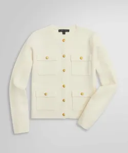 Вязаный жакет без воротника в рубчик с длинными рукавами, в стиле «Милано», с золотыми пуговицами.