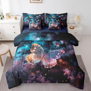 Erosebridal Комплект постельного белья Butterfly с романтичным принтом звезд и цветов для детей, Blue Purple