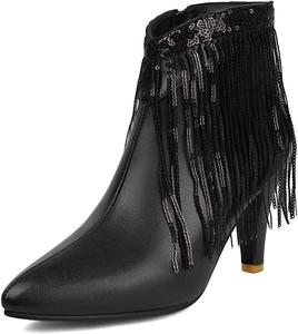 Женские платьевые ботильоны с заостренным носком, бахромой, на высокой шпильке с молнией, для свадьбы или вечеринки, короткие ботинки с кисточками JOEUSTY, Black