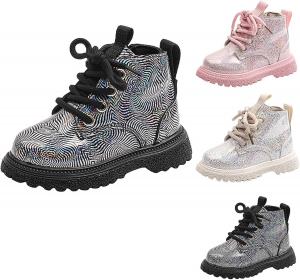 Детские блестящие ботильоны для девочек, водонепроницаемые, на шнуровке, с боковой молнией, низкий каблук, удобные ботинки для мальчиков (1-6 лет) Generic, White