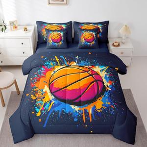Erosebridal Комплект постельного белья с баскетбольной тематикой для детей из микрофибры, Navy Blue Orange