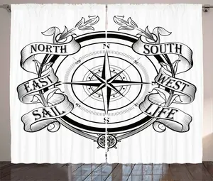 Штора ABAKUHAUS "Компас" в деревенском стиле, навигационное устройство, парус, универсальная ленточная штора для гостиной с петлями и крючками, 280 x 225 см, цвет "белый-черный" Abakuhaus