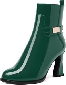 Ботинки NUMALEO Womens Sexy Patent Zip Metal Ankle Strap Night Club Round Toe Block High Heel Ankle High Boots 3.3 Inch, Dark Green