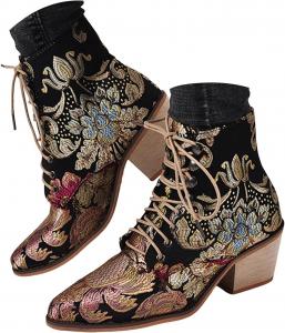 Женские ковбойские сапоги Вестерн с вышивкой Бохо ботильоны на щиколотку с массивным низким каблуком Праздничные осенние короткие ботильоны Модные сапожки на шнуровке Ретро кожаные ботильоны Комфортная обувь для прогулок JYSwoshoe, Gold-3
