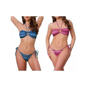 2 комплекта женского бикини с цветными полосками и узором риппл, 2 предмета: топ на завязках и треугольные трусики Inspire Chic, Blue Hot Pink