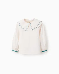 Детская блузка для девочки с длинными рукавами из поплина с вышитыми деталями Zippy, белый/бирюзовый