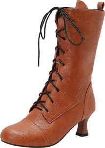 Женские винтажные викторианские сапоги 70-х, шнуровка, ботильоны на среднем каблуке, ведьмовские, стиль бабушки, сапожки до середины голени, ретро с конусообразным каблуком, боковая молния, заостренный носок Generic, Yellow