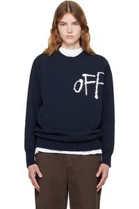 Off-White Свитер с круглым вырезом из хлопка, связанный в книжном стиле, темно-синего цвета