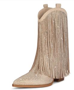 Женские ковбойские сапоги Ouepiano - ковбойские сапоги с кристаллами и блестящей бахромой, с заостренным носком, западные сапоги на толстом каблуке, сапоги с широким голенью, ботас вакерас, Beige