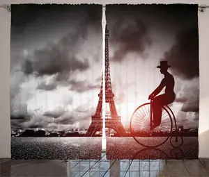 Штора ABAKUHAUS "Эйфелева башня в деревенском стиле", "Человек на ретро-велосипеде", универсальная тесьма для гостиной с петлями и крючками, 280 x 245 см, цвет: черный, серый, розовый Abakuhaus
