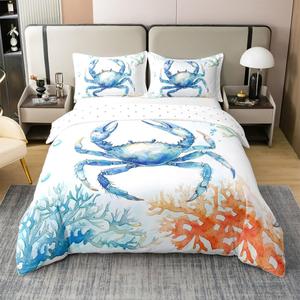 Erosebridal Комплект постельного белья Crabs из 100% хлопка с морским принтом в голубых и оранжевых тонах, Blue Orange