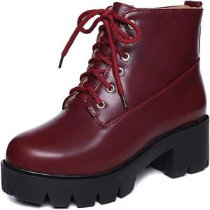Женские ботильоны VOKLIN в западном стиле с круглым носком, на шнуровке и молнии, с платформой и средним каблуком, короткие, Wine Red