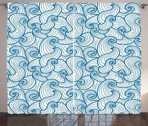 Штора в стиле абстракция ABAKUHAUS Закручивающиеся океанские волны, для спальни, присборенная тесьма с петлями и крючками, 280 x 225 см, цвет морской сине-белый Abakuhaus