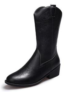 Женские ковбойские сапоги Ladmiple с широким голенищем, низким каблуком, высоким голенищем, сшивным каблуком, остроконечным носком, модные ковбойские сапоги на слипон, D-Black