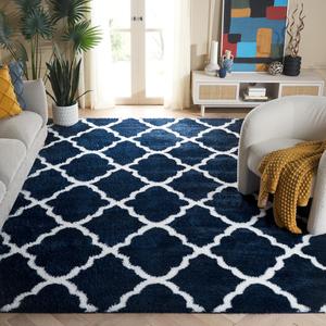 Ковер SAFAVIEH, 275 x 366 см, Tahoe Shag Collection - Navy & White, Trellis Design, не линяет и прост в уходе, идеален для помещений с высокой проходимостью в гостиной, спальне (THO675N)