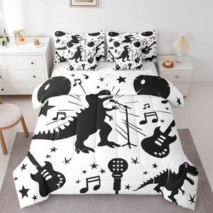 Erosebridal Комплект постельного белья Cartoon Dinosaur с музыкальной тематикой, черный цвет с гитарами и нотами, White