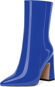 Женские модные ботильоны JUSTDANNI с молнией, для свадьбы и повседневной носки, с острым носком, лаковой отделкой, на высоком блочном каблуке, 4 дюйма, Royal Blue
