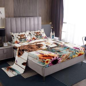 Erosebridal Комплект постельного белья Highland Cow с принтом длиннорогого быка в западном бохо-стиле, цветочный рисунок для детской комнаты, White Brown
