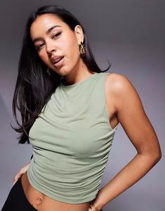 Облегающий топ без рукавов с высоким воротом и сборками по бокам от Princess Polly Hold Em в цвете шалфейно-зеленый