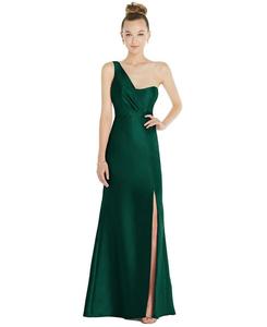 Атласное платье-труба с драпировкой на одно плечо и разрезом спереди Alfred Sung, Hunter green