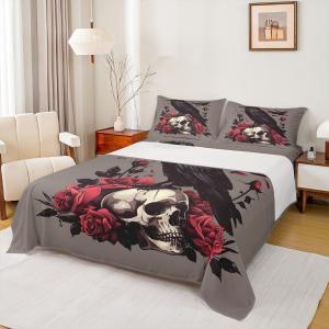 Erosebridal Готический комплект постельного белья Crow Halloween с воронами, скелетами, красными розами и чёрными птицами в винтажном стиле, White Black Red