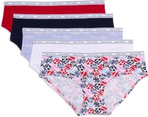 Женские классические хлопковые трусы-хипстеры Tommy Hilfiger с логотипом на поясе, упаковка 5 пар, Tattoo Elements Bright White/Bright White/Brunerra Blue Th Calligraphy/Heather Grey/Apple Red