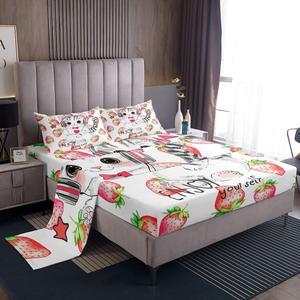 Erosebridal Комплект постельного белья с милыми котиками и клубникой в серо-розовых тонах, Cute Cat 01