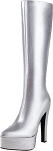 Женские ботинки выше колена на массивном каблуке, слипоны с заостренным носком и блестками, удобные ботинки на молнии Generic, Silver