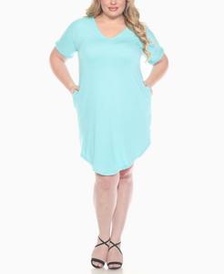 Платье большого размера с V-образным вырезом, отложными рукавами и карманами, длиной до колена White Mark, Aqua